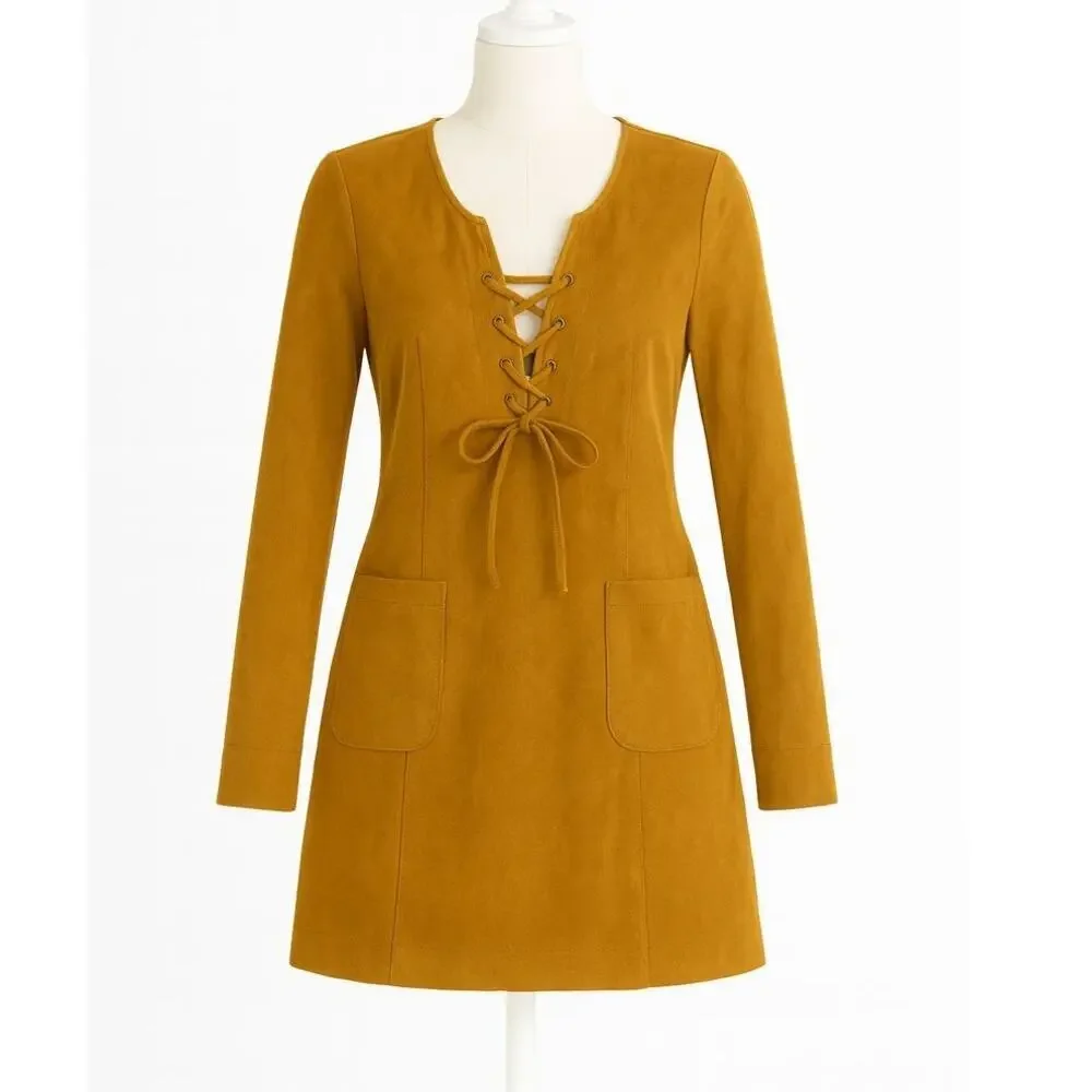 Free People Bradley Faux Suede Mini Dress Mustard Brown Size L NWOT